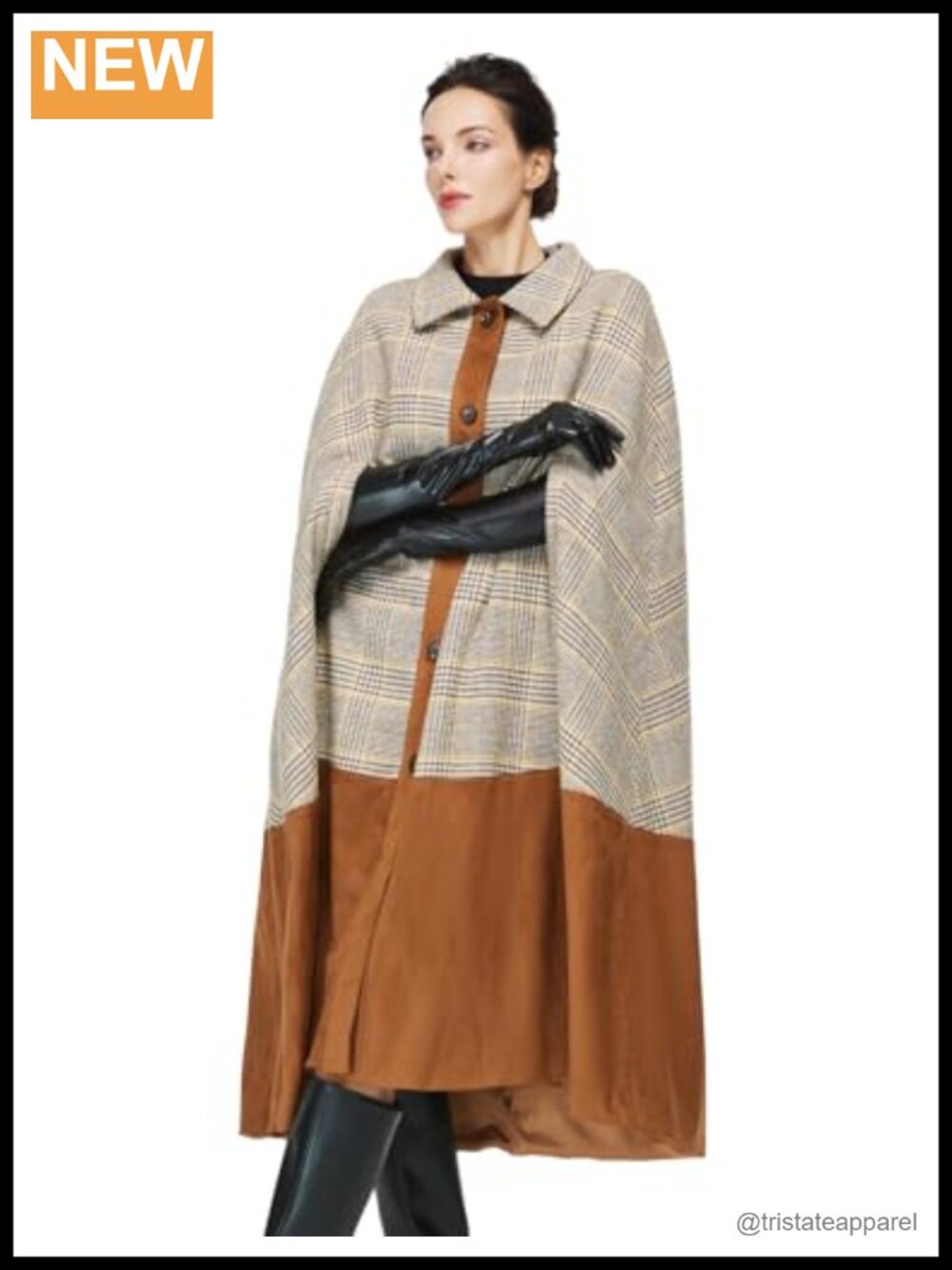 Women Vintage Wool Blend Plaid Cape Coat with Faux Leather Patchwork British